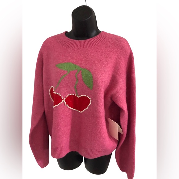 Pearl studded Heart shaped cherry printed pink sweater size medium brand new - Picture 6 of 9